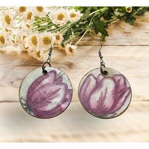 Pink Cream Tulip Wood Dangle Round Print Earrings Jewelry Handmade Boho
